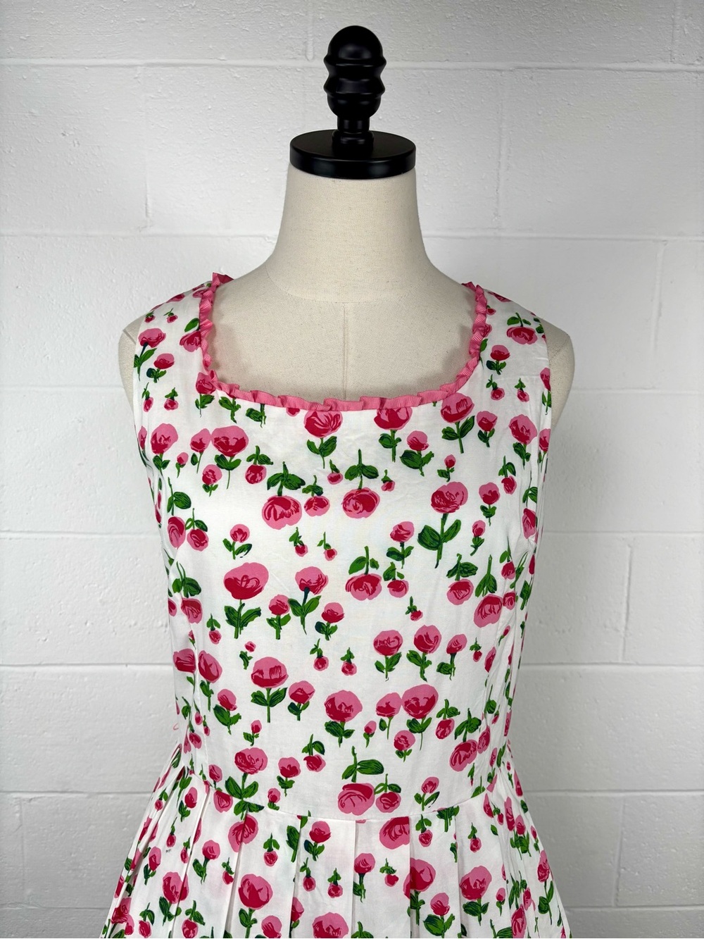 Vintage 90s Pink Rose Floral Fit Flare Day Dress Cotton Ruffle Trim Tradwife 14 - Picture 3 of 14